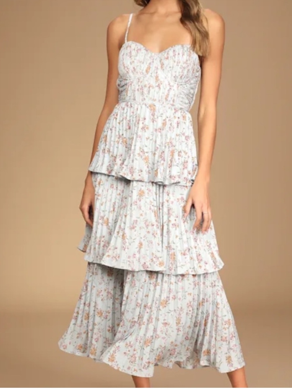 Lulus Lulus Cascading Crush pale blue floral print tiered bustier midi dress - Picture 3 of 4